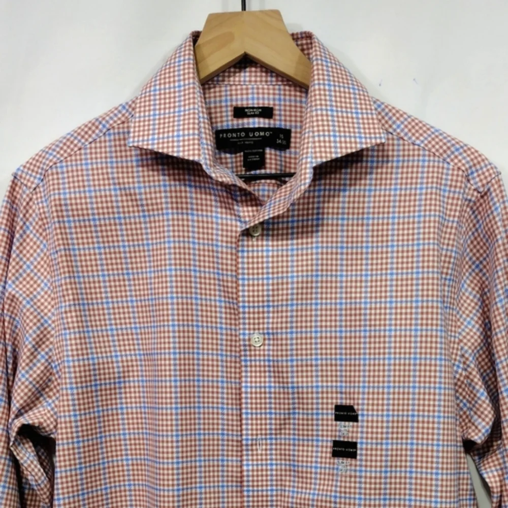 NWT Pronto Uomo Plaid Slim Fit Button Shirt Men's 15 Red Blue Office Career